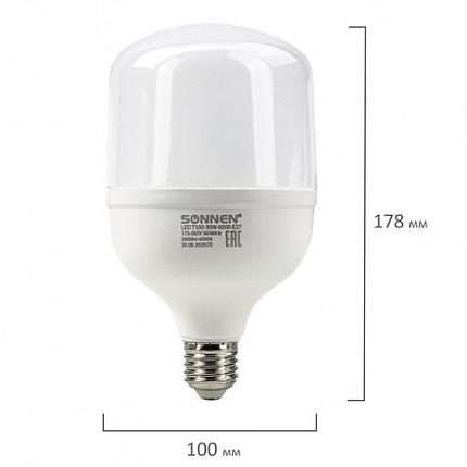 Лампа светодиодная SONNEN, 30 (250) Вт, цоколь Е27, цилиндр, холодный белый, 30000 ч, LED Т100-30W-6500-E27, 454924