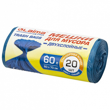 Мешки для мусора LAIMA "ULTRA" 60 л синие, в рулоне 20 шт. прочные, ПВД 25 мкм, 60х70 см, 607687