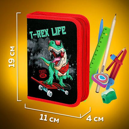 Пенал ПИФАГОР, 1 отделение 2 откидные планки, полиэстер, 20х14 см, "T-Rex Life", 271513