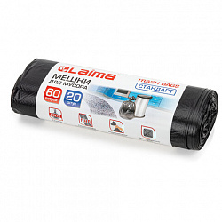 Мешки для мусора 60 л, черные, в рулоне 20 шт., ПНД 11 мкм, 60х70 см, LAIMA стандарт, 601381