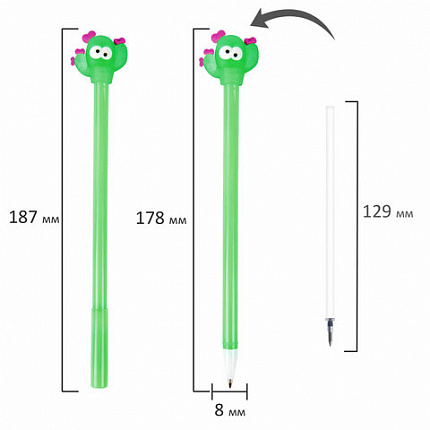 Ручка с топпером шариковая ЮНЛАНДИЯ "Цветущий кактус", корпус ассорти, СИНЯЯ, пишущий узел 0,7 мм, 143781