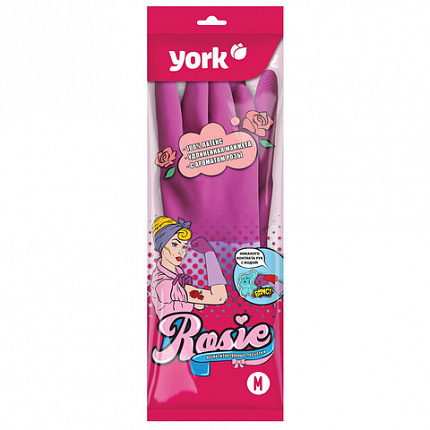 Перчатки МНОГОРАЗОВЫЕ резиновые YORK "Роза", хлопчатобумажное напыление, ПРОЧНЫЕ, размер 7-8, M (средний), розовые, вес 70 г, 92670