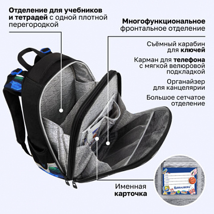 Ранец BRAUBERG PREMIUM, 2 отделения, с брелоком, "Неоновый рыцарь", объемный дизайн, 38х29х16 см, 274395