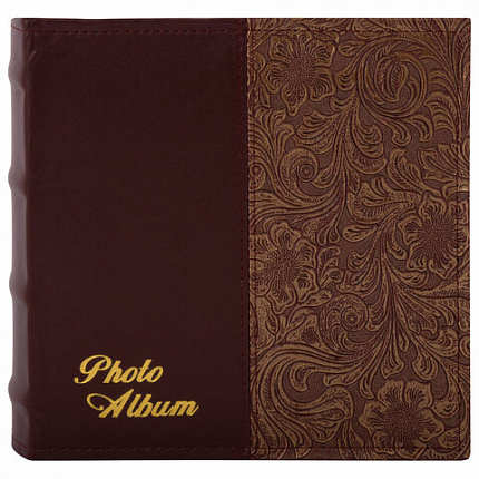 Фотоальбом BRAUBERG на 300 фотографий 10х15 см, обложка под кожу, бумажные страницы, бокс, бордо+бронза, 390681