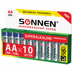 Батарейки КОМПЛЕКТ 10 шт., SONNEN Super Alkaline, АА (LR6,15А), алкалиновые, пальчиковые, в коробке, 454231