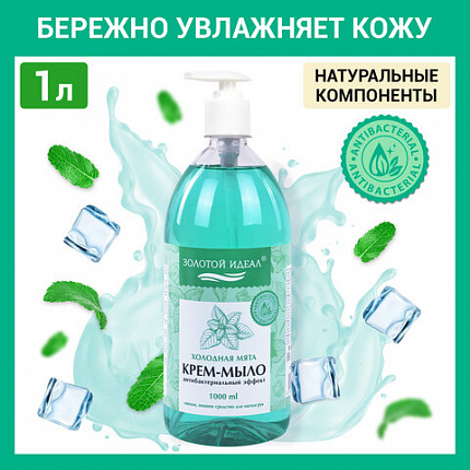 Мыло-крем жидкое с АНТИБАКТЕРИАЛЬНЫМ ЭФФЕКТОМ 1 л ЗОЛОТОЙ ИДЕАЛ "Холодная мята", дозатор, 608285