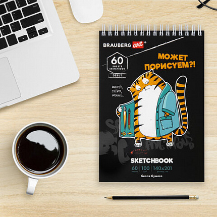 Скетчбук, белая бумага 100 г/м2, 140х201 мм, 60 л., гребень, подложка, BRAUBERG ART, "Порисуем", 115063