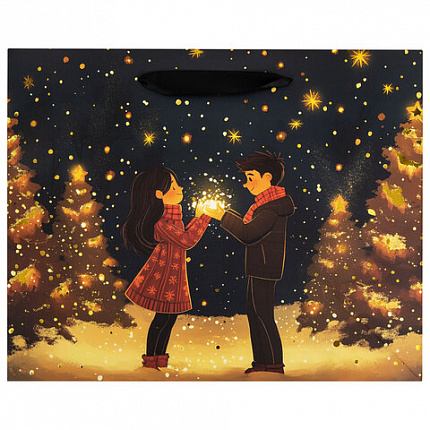 Пакет подарочный (1 шт.) новогодний, 26х13х32 см, "Love story", фольга, ассорти, ЗОЛОТАЯ СКАЗКА, 592445