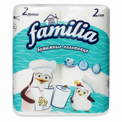 Полотенца бумажные бытовые, спайка 2 шт., 2-слойные (2х12,5 м), FAMILIA, 23x13 см, белые, 5083815