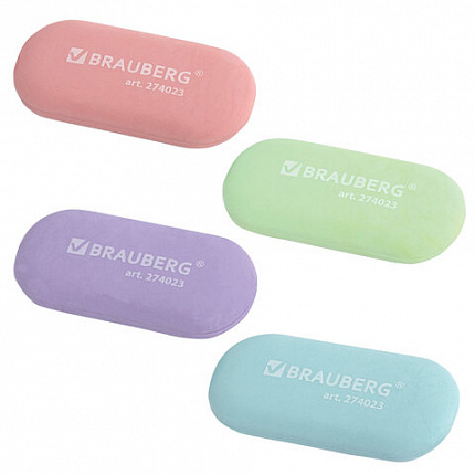 Ластик BRAUBERG "PASTEL OVAL", 50х23х10 мм, цвета ассорти, овальный, 274023