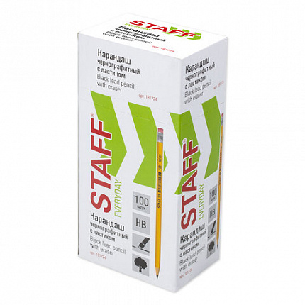 Карандаш чернографитный STAFF "EVERYDAY" BLP-724, 1 шт., НВ, с ластиком, корпус желтый, 181724