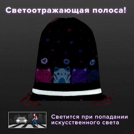 Мешок для обуви BRAUBERG KIDS, светоотражающая полоса, 46х36 см, "Четыре котика", 273437