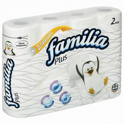 Бумага туалетная бытовая, спайка 12 шт., 2-слойная (12х20,4 м), FAMILIA PLUS, белая, 5057792