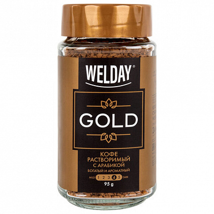 Кофе растворимый WELDAY (ВЭЛДЭЙ) "GOLD" 95 г, стеклянная банка, сублимированный, 622675