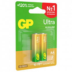 Батарейки КОМПЛЕКТ 2 шт., GP Ultra G-Tech, AA (LR6,15А), алкалиновые, пальчиковые, 15AUA21-2CRSBC2