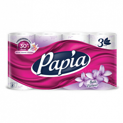 Бумага туалетная быт., спайка 8 шт., 3-слойная (8х16,5 м), PAPIA, аромат Балийский цв, 5080738