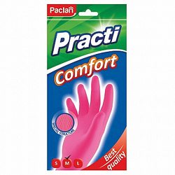 Перчатки МНОГОРАЗОВЫЕ латексные PACLAN "Practi Comfort", хлопчатобумажное напыление, размер 7,5-8, M (средний), розовые, вес 62 г, 407651