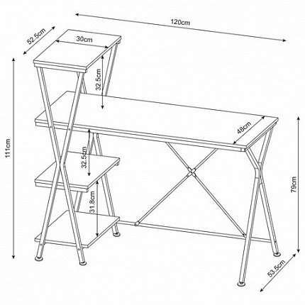 Стол на металлокаркасе BRABIX "LOFT CD-004", 1200х535х1110 мм, 3 полки, цвет дуб натуральный, 641220