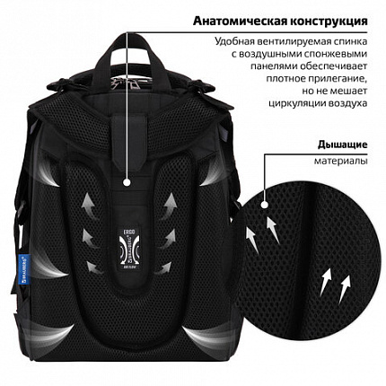 Ранец BRAUBERG SHINY, 2 отделения, с брелоком, "Разъяренный динозавр", СВЕТЯЩИЙСЯ РИСУНОК, 38х28х14 см, 273143