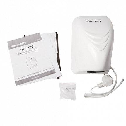 Сушилка для рук SONNEN HD-988, 850 Вт, пластиковый корпус, белая, 604189