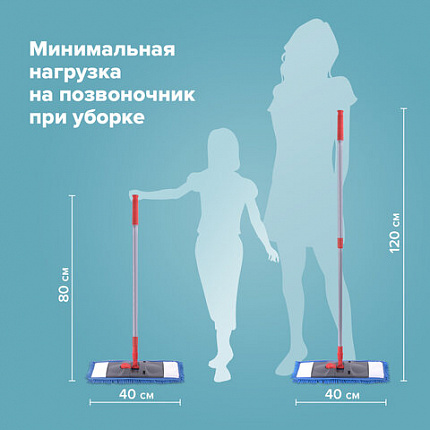 Швабра с флаундером 40 см, черенок 80-120 см, еврорезьба, насадка МОП микрофибра СИНЕЛЬ, индивидуальная упаковка пакет, LAIMA, 606314
