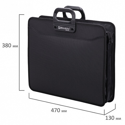 Папка-портфель пластиковая БОЛЬШОГО ФОРМАТА BRAUBERG "ПОРТФОЛИО" А3 (470х380х130 мм), 3 отделения, черная, 223081