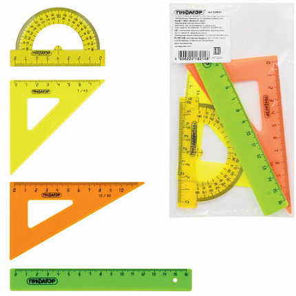 Набор чертежный малый ПИФАГОР (линейка 16 см, 2 треугольника, транспортир), неоновый, пакет, 210624