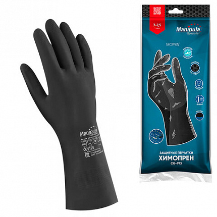 Перчатки неопреновые MANIPULA ХИМОПРЕН, хлопчатобумажное напыление, К80/Щ50, размер 9-9,5, L (большой), черные, CG-973