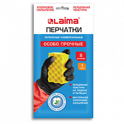 Перчатки МНОГОРАЗОВЫЕ латексные LAIMA "БИКОЛОР" черно-красные, ОСОБО ПРОЧНЫЕ, хлопковое напыление, размер S (малый), вес 52 г, 700537