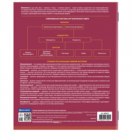 Тетрадь предметная "КОЛОР" 36 л., обложка мелованная бумага, БИОЛОГИЯ, клетка, BRAUBERG, 405072