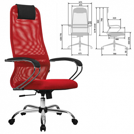 Кресло офисное МЕТТА "SU-B-8" хром, ткань-сетка, сиденье мягкое, красное