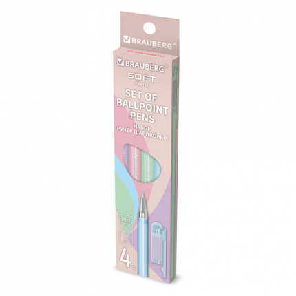 Ручки шариковые BRAUBERG "MARSHMALLOW", НАБОР 4 ШТУКИ, СИНИЕ, SOFT TOUCH покрытие, узел 0,7 мм, линия письма 0,35 мм, 144400