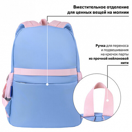 Рюкзак BRAUBERG PASTEL с термонашивками в комплекте, "Friendly bunnies", голубой, 40х29х14 см, 271423