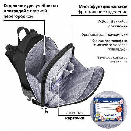 Ранец BRAUBERG PREMIUM, 2 отделения, с брелком, "Быстрая машина", 38х29х16 см, 270600
