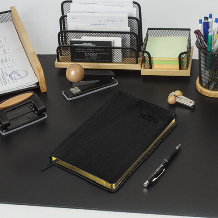 Ежедневник датированный 2026, А5, 138x213 мм, BRAUBERG "Cayman", под кожу, черный, 117047