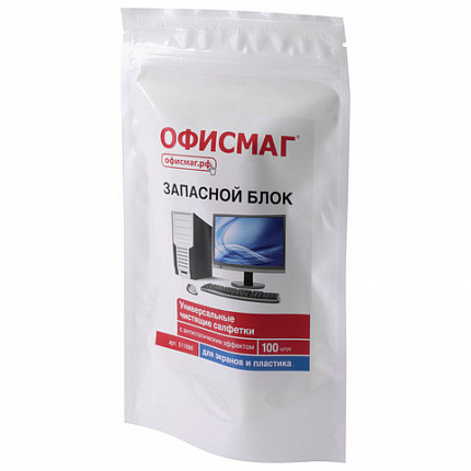 Салфетки для экранов всех типов и пластика (запасной блок) ОФИСМАГ, пакет 100 шт., влажные, 511686