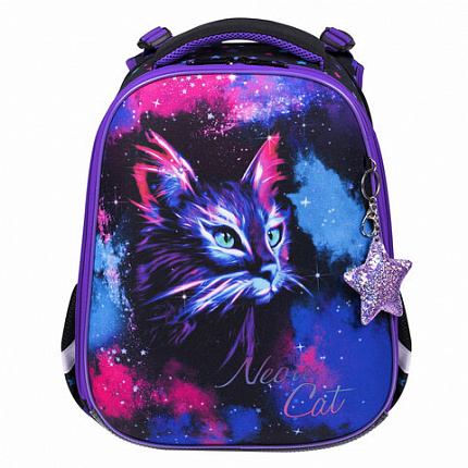 Ранец BRAUBERG PREMIUM, 2 отделения, с брелоком, "Neon cat", 38х29х16 см, 271352