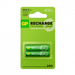 Батарейки аккумуляторные GP ReCharge Ni-Mh мизинчиковые КОМПЛЕКТ 2 шт., ААА (HR03) 400 mAh, 40AAAHCV, 40AAAHCV-2CRSB