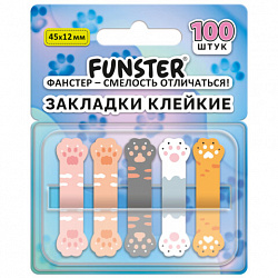 Закладки клейкие Z-сложения FUNSTER (ФАНСТЕР) "Лапки котов", 45х12 мм, 100 шт., (5 цветов х 20 листов), в диспенсере, 116691