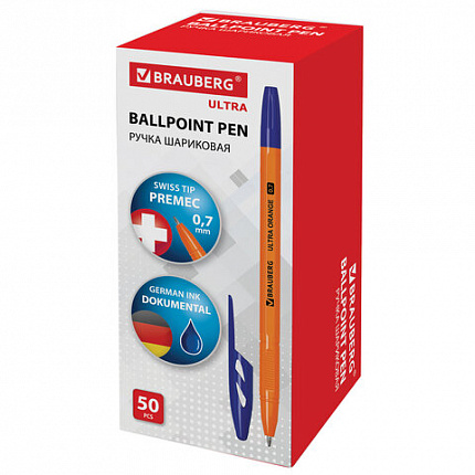 Ручка шариковая BRAUBERG "ULTRA ORANGE", СИНЯЯ, узел 0,7 мм, чернила ГЕРМАНИЯ, наконечник ШВЕЙЦАРИЯ, 143562
