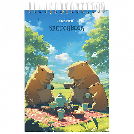 Скетчбук, белая бумага 100 г/м2, 140х201 мм, 60 л., гребень, жёсткая подложка, FUNSTER, Ассорти Funny pets, 116903