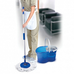 Швабра с отжимом и ведром 14л/5л, отжим центрифуга / рукоятка, 2 круглые насадки, крепление кольцо, синий, LAIMA, 601460