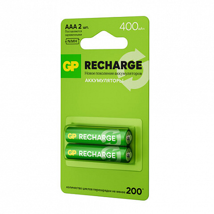 Батарейки аккумуляторные GP ReCharge Ni-Mh мизинчиковые КОМПЛЕКТ 2 шт., ААА (HR03) 400 mAh, 40AAAHCV, 40AAAHCV-2CRSB