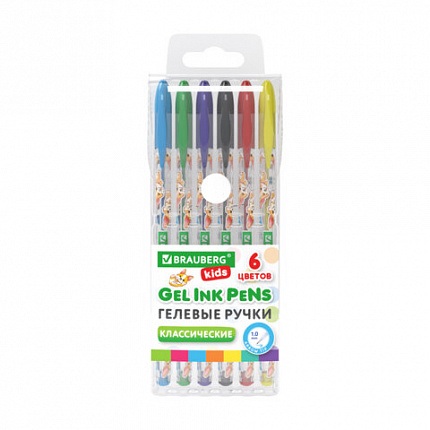 Ручки гелевые КЛАССИЧЕСКИЕ BRAUBERG KIDS "CUTE ANIMALS", НАБОР 6 ЦВЕТОВ, корпус с печатью, узел 1 мм, линия письма 0,7 мм, 144441
