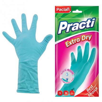 Перчатки МНОГОРАЗОВЫЕ резиновые PACLAN "Extra Dry", хлопчатобумажное напыление, 100% флок, размер 8,5-9, L (большой) синие, вес 54 г, 7350, 407350