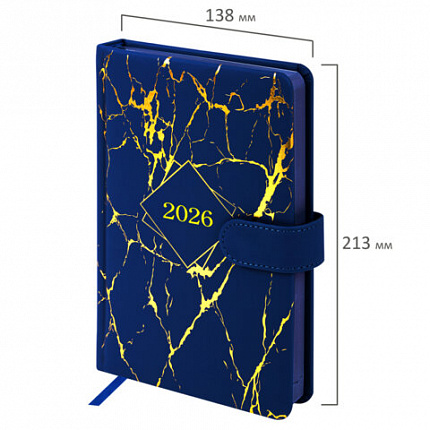 Ежедневник датированный 2026 А5 138x213 мм, BRAUBERG "Goldy", под кожу, цветной срез, синий, 117472