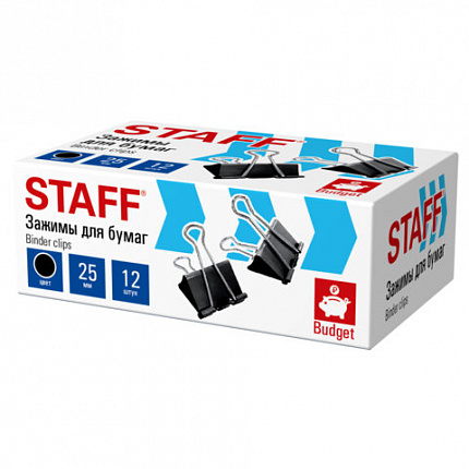 Зажимы для бумаг STAFF ECO, КОМПЛЕКТ 12 шт, 25 мм, на 100 листов, черные, картонная коробка, 274032