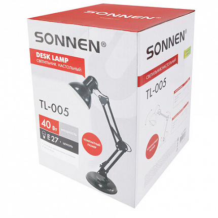 Настольная лампа-светильник SONNEN TL-005, подставка, 40 Вт, Е27, черный, высота 50 см, 237646