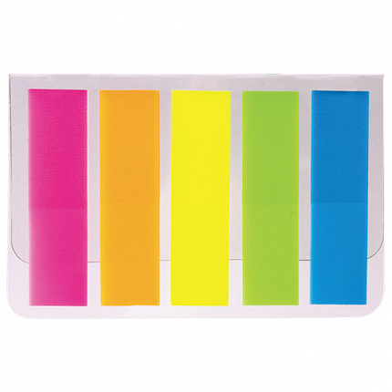 Закладки клейкие неоновые STAFF, 45х12 мм, 100 штук (5 цветов х 20 листов), на пластиковом основании, 129355