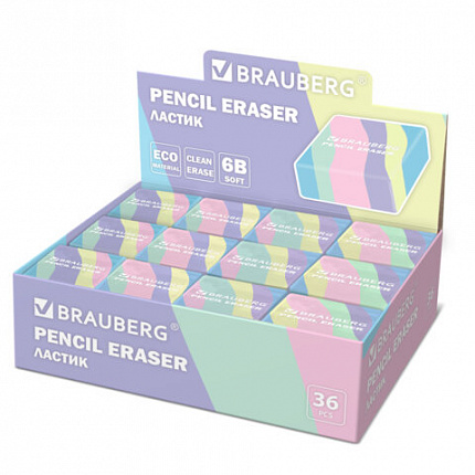Ластик BRAUBERG PASTEL, 34х34х14 мм, квадратный, эко-пвх, цвет ластика ассорти, 273210